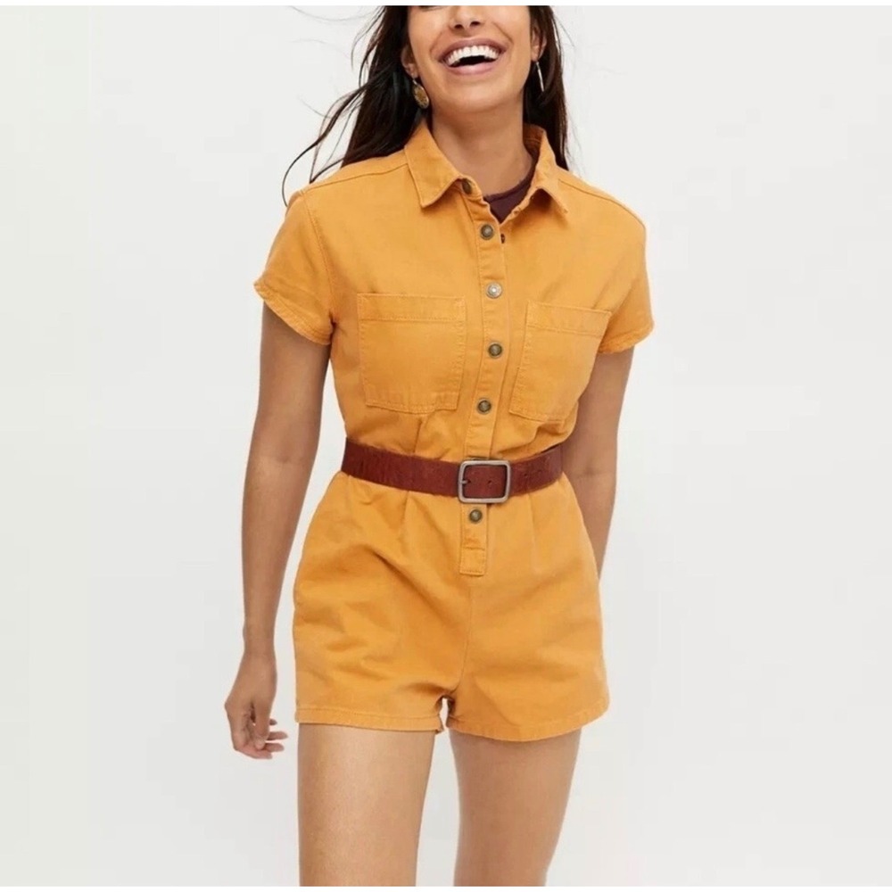 BDG Joey Short Sleeve Coverall Romper Mustard Yellow Button Up Denim Size Medium
